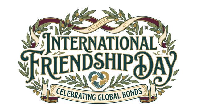 International Friendship Day Design: A decorative emblem for International Friendship Day, proclaiming Celebrating Global Bonds with elegant typography and olive branch motifs.