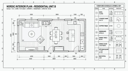 Nordic interior floor plan for residential unit b with furniture schedule © S.Siam