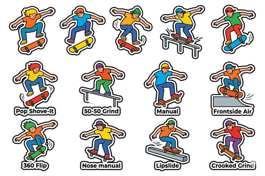 Colorful sticker illustrations of skateboard tricks with cartoon style characters.