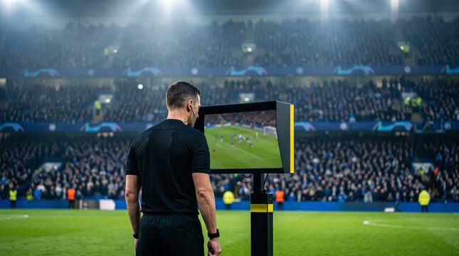 Observing the digital playback of a critical match moment, the soccer referee stands before the glowing VAR monitor amid a roaring stadium atmosphere.