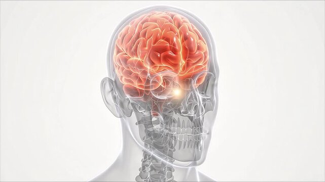 3D Medical Animation Human Brain Anatomy Highlighted Orange Glow Inside Transparent Skull Side View White Background Neuroscience Healthcare Concept
