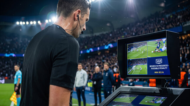 Precise digital calibration of video assistant referee technology as a professional official analyzes multiple camera angles for a penalty call.
