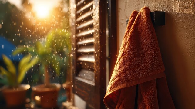 Cooling Wet Towel Hanging Near Open Window During Summer Heatwave