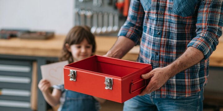 Child giving handmade card and empty toolbox