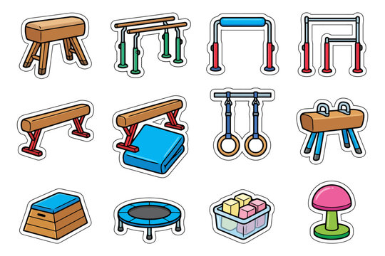 Cartoon gymnastics equipment icons: pommel horse, rings, parallel bars, trampoline, vault.