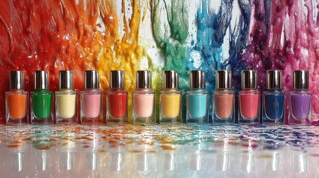 Colorful nail polish bottles on rainbow-splattered surface