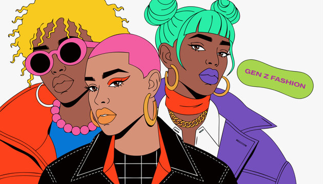 Very beautiful close-up realistic vector of fashionable young adults wearing layered contemporary clothing, modern accessories, expressive styling, confident poses, featuring a colorful label reading 