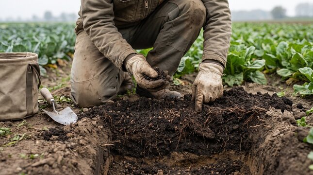 Agronomist Examining Soil Profile In Regenerative Vegetable Field