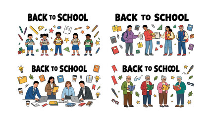 Fototapeta premium Back to School Montage: A vibrant collection of illustrations showcasing diverse groups of students, teachers, and parents preparing for the academic year.