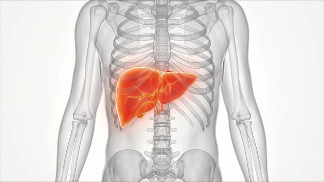 3D Medical Animation Human Liver Anatomy Highlighted Orange Glow Inside Transparent Body Skeleton White Background Healthcare Concept