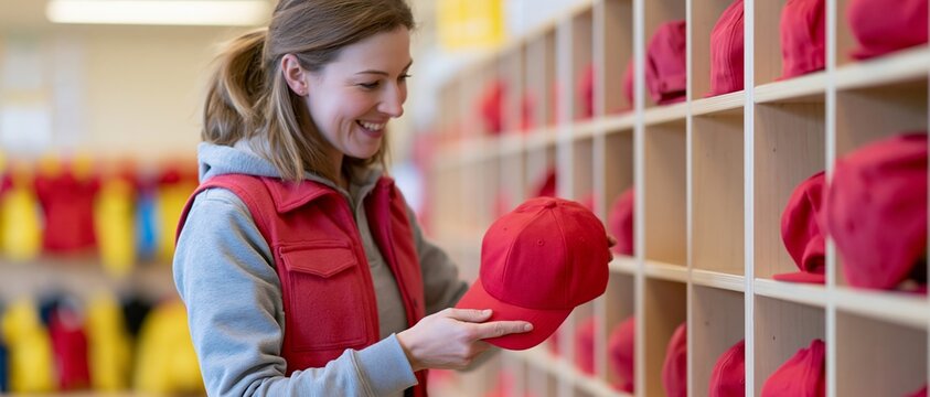 Woman selecting red baseball cap indoors