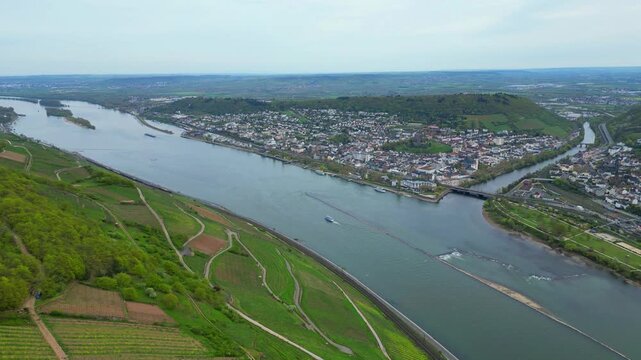 Aerial view over vineyards at Rudesheim town with view of Rhine river in Germany. Aerial drone shot