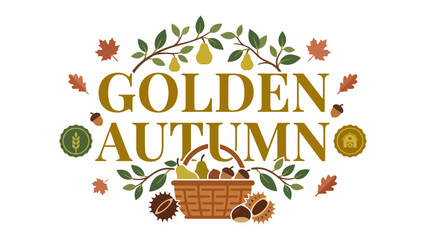 Golden Autumn Harvest Illustration: A charming illustration depicts the essence of golden autumn with a rustic basket overflowing with ripe pears and apples, surrounded by falling leaves, acorns. © Abu