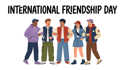 International Friendship Day Celebration: A diverse group of young friends stands together, smiling and arm-in-arm, celebrating the spirit of International Friendship Day. Their casual. © Karima