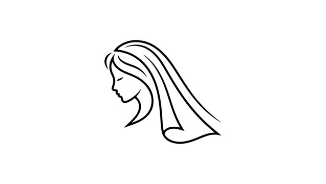 Romantic bride side profile logo with soft flowing lines, luxury wedding branding, minimalist vector illustration, black monochrome design, isolated white background, Premium beauty and bridal logo 