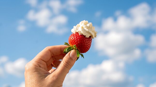 Fresh Strawberry with Whipped Cream against a Blue Sky