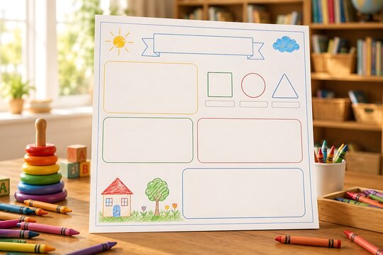 Children's learning chart with colorful drawings and crayons on a wooden table