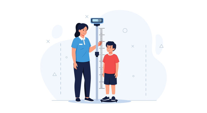 Doctor measures child's height on a stadiometer. Healthcare and medical check-up concept.