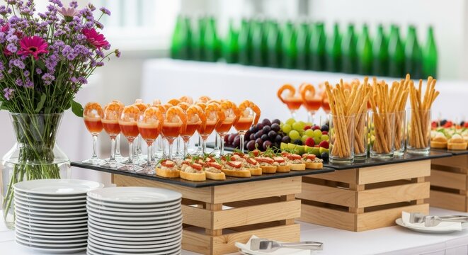 Elegant Catering Buffet with Shrimp Cocktails, Bruschetta, and Fresh Fruit Appetizers at a Corporate Event or Wedding Reception