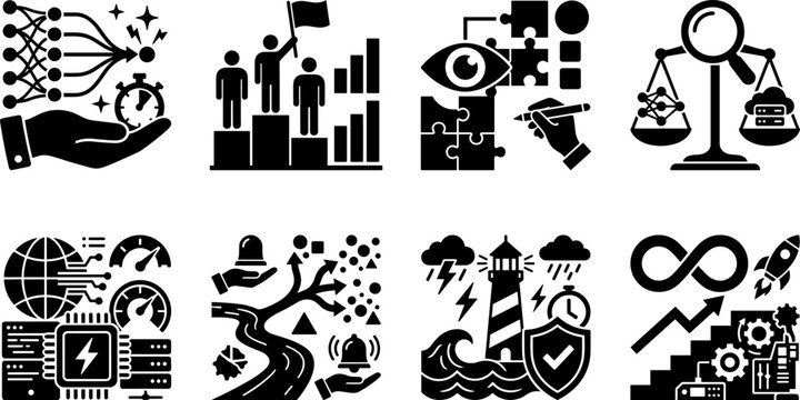 Business strategy and AI technology vector icon set featuring crisis management, data processing, and continuous growth