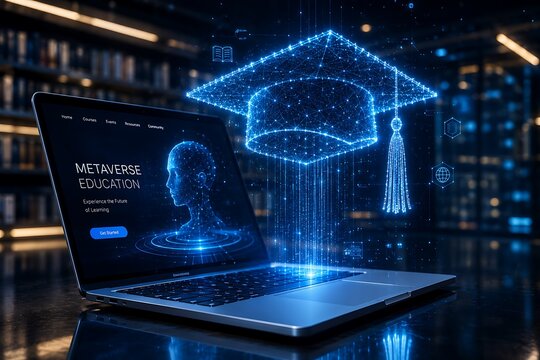 Laptop displaying metaverse education with glowing graduation cap above during virtual learning