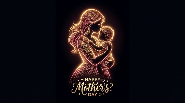 Glowing Mother's Day neon art showing a mother hugging her baby