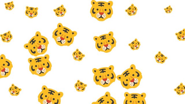 Multiple yellow tiger faces and cute icons on alpha channel for children books, posters, animal related designs, and educational materials.