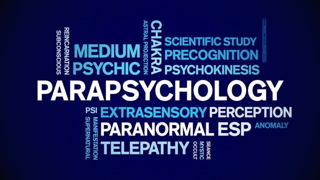 Parapsychology animated word cloud-animation tag kinetic typography seamless loop.