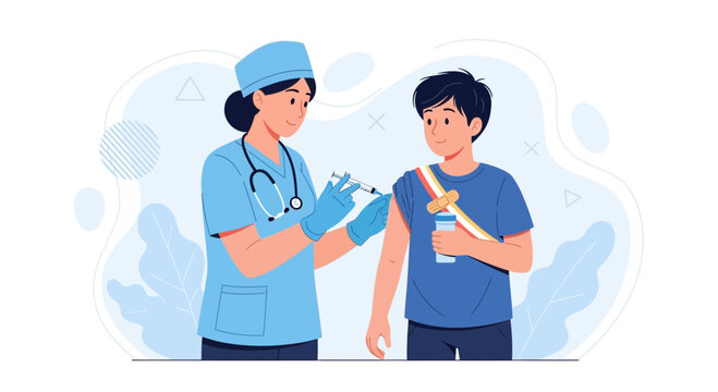Nurse administering vaccine to child with plaster and bandage on arm, healthcare illustration concept