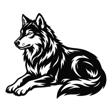 Black and white illustration of a wolf laying down looking left icon