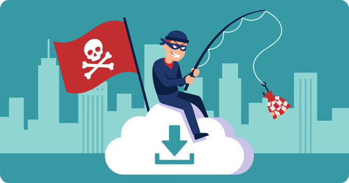 Cloud Piracy and Illegal Download Concept with Hacker Flat Vector Illustration
