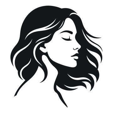 Black and white silhouette of a woman with long wavy hair  face  profile icon