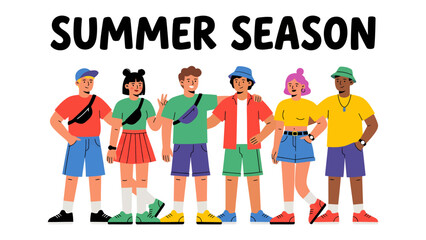 Summer Season Celebration: A vibrant group of diverse young people, dressed in colorful summer attire, stands together with smiles, embodying the joyful spirit of the summer season. © Karima