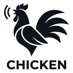 Black silhouette of a rooster with sound waves and text isolated on white background icon © Sieam