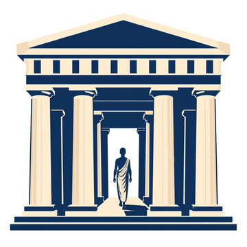 Ancient Greek Temple Illustration with Philosopher Figure and Classical Doric Columns.