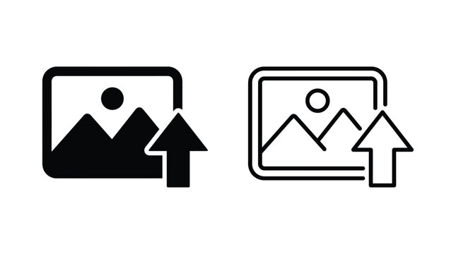 Image upload icon with mountain and arrow black and white silhouette