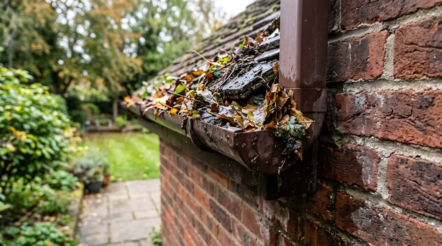 Clogged Roof Gutter Overflowing with Wet Autumn Leaves on Brick House