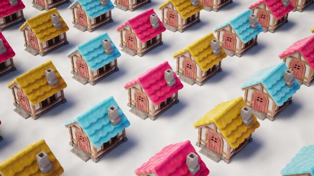 Multicolored Stylized Village Houses 3D Animation with Smoke Effect