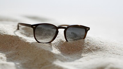 Fototapeta premium Sunglasses on white sand beach. Eyewear accessory lying on tropical shore. Concept of summer vacation, travel, holiday and sun protection. Minimalist view of glasses on coastline.