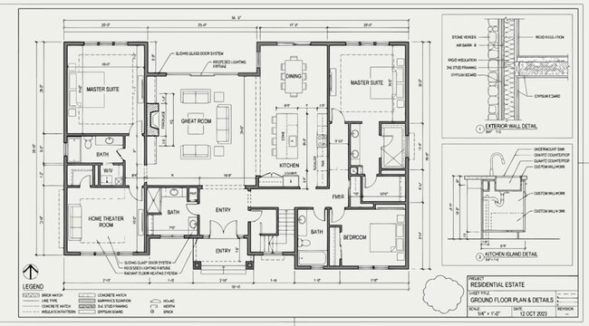 Architectural floor plan drawing of a residential house design with detailed dimensions and construction notes