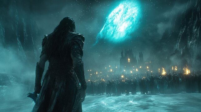 Dark figure facing vast army under ethereal light