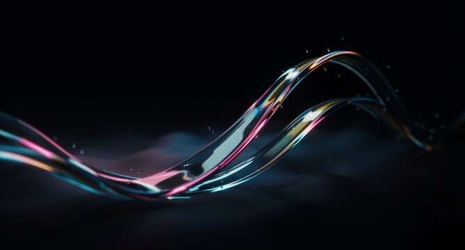 render, 3d iridescent liquid glass ribbon wave line neon rainbow light texture on abstract black background. 3D illustration.Holographic gradient flow speed motion effect. Digital tech banner. copy