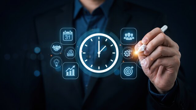 Businessman using a digital pen to interact with a virtual clock and time icons