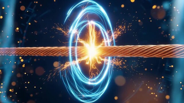 Conceptual illustration of high voltage electrical discharge and electromagnetic field around a copper wire 4k video