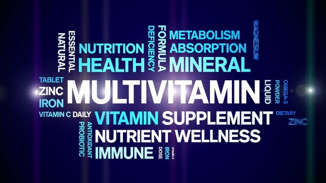 Multivitamin animated word cloud-animation tag kinetic typography seamless loop.