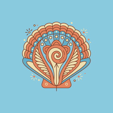 Colorful abstract shell design with swirling patterns and shapes on blue background