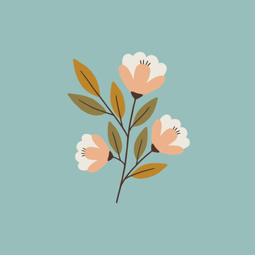 Cute cartoon peach flowers with green leaves on blue background