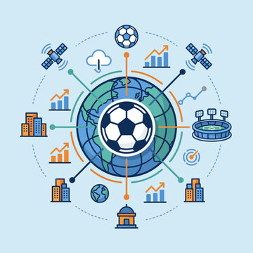 Global sports analytics and data visualization with soccer ball and icons