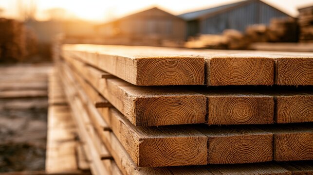 Stack of fresh cut pine lumber boards at a sawmill during sunset