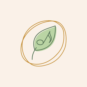 Green leaf with music note inside orange oval frame on beige background